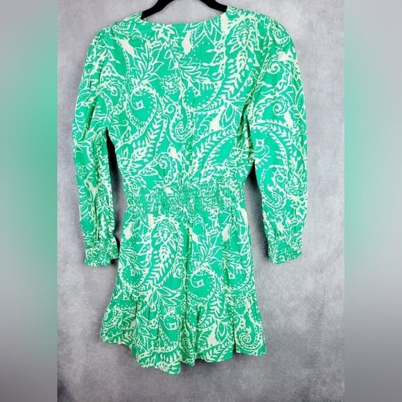 Zara Linen Long Sleeve Flirty Tropical Green Ruffled Linen Cotton Dress SIZE S - Picture 6 of 11